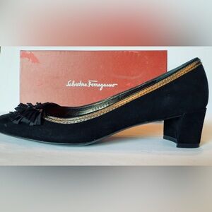 Salvatore Ferragamo Black Suede with Gold detail Heels 8.5 AA